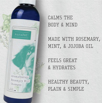 Revitalize Your Dog's Coat with AuraPet Aromatherapy Rosemary Mint Shampoo – 8 Oz Calming Wash for All Dogs with Dry, Itchy Skin