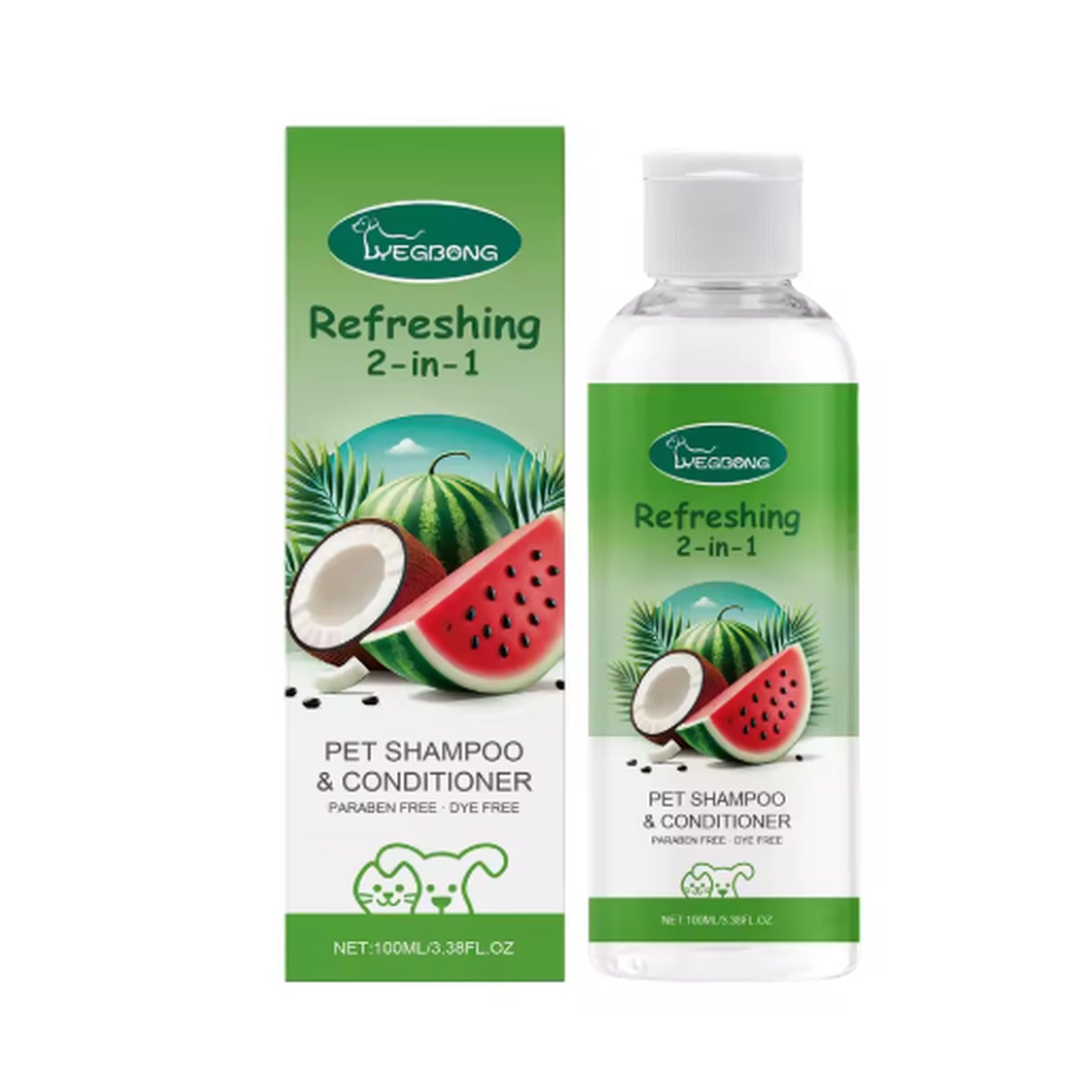 Refreshing 2-in-1 pet shampoo and conditioner bottle with box, watermelon and coconut design
