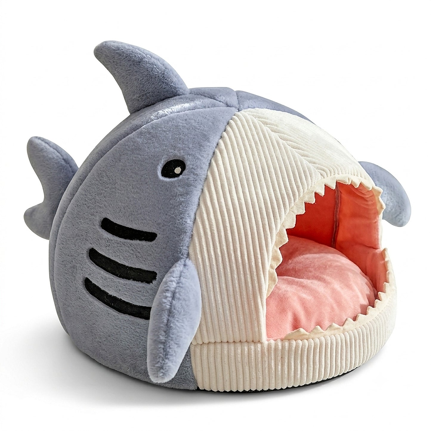Plush shark pet bed on white background