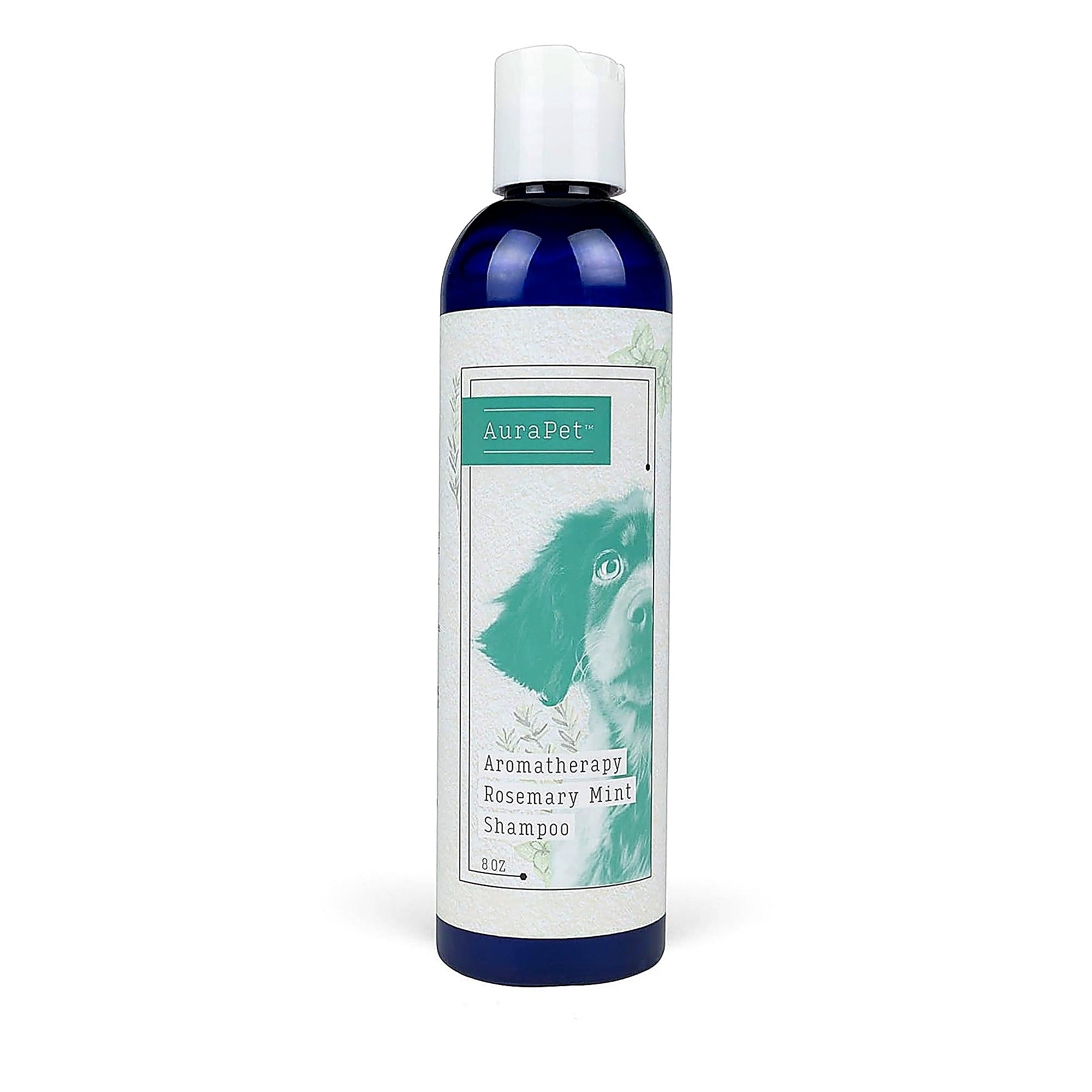 Rosemary mint dog shampoo bottle on white